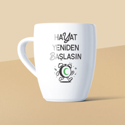 Hayat Yeniden Başlasın Çalar Saat Mottolu Beyaz Seramik Kupa - 1