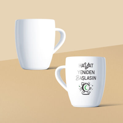 Hayat Yeniden Başlasın Çalar Saat Mottolu Beyaz Seramik Kupa - 2
